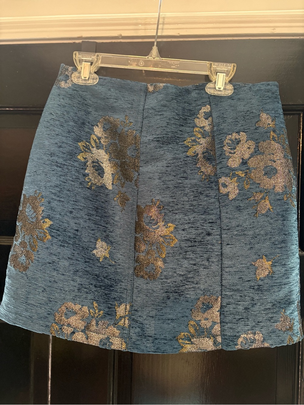 Free People Blue Floral Jacquard Mini Skirt with Gold Accents
